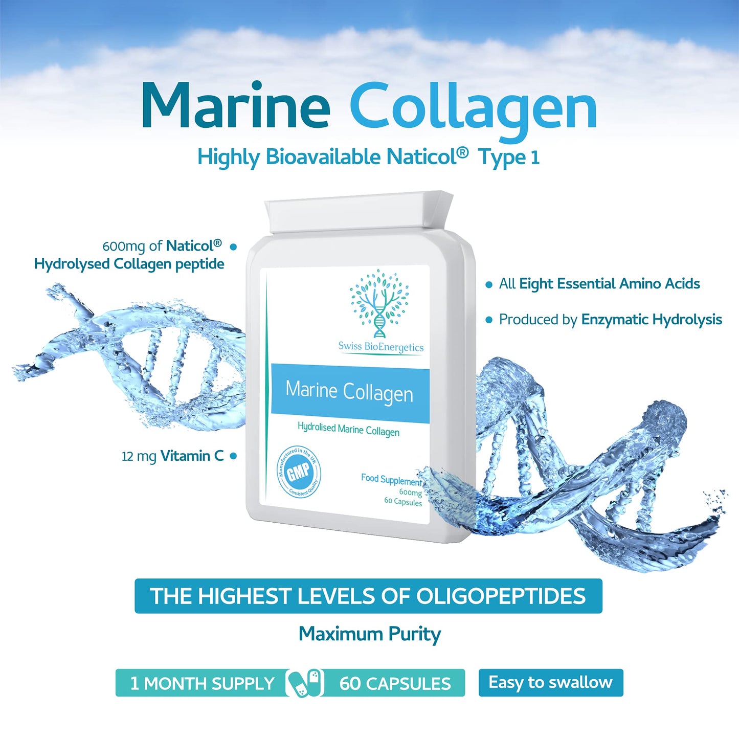 swiss bioenergetics Marine Collagen 600mg 60 Capsules - Highly Bioavailable Naticol® Type 1 Produced by enzymatic hydrolysis ensuring The Highest Levels of oligopeptides with Maximum Purity