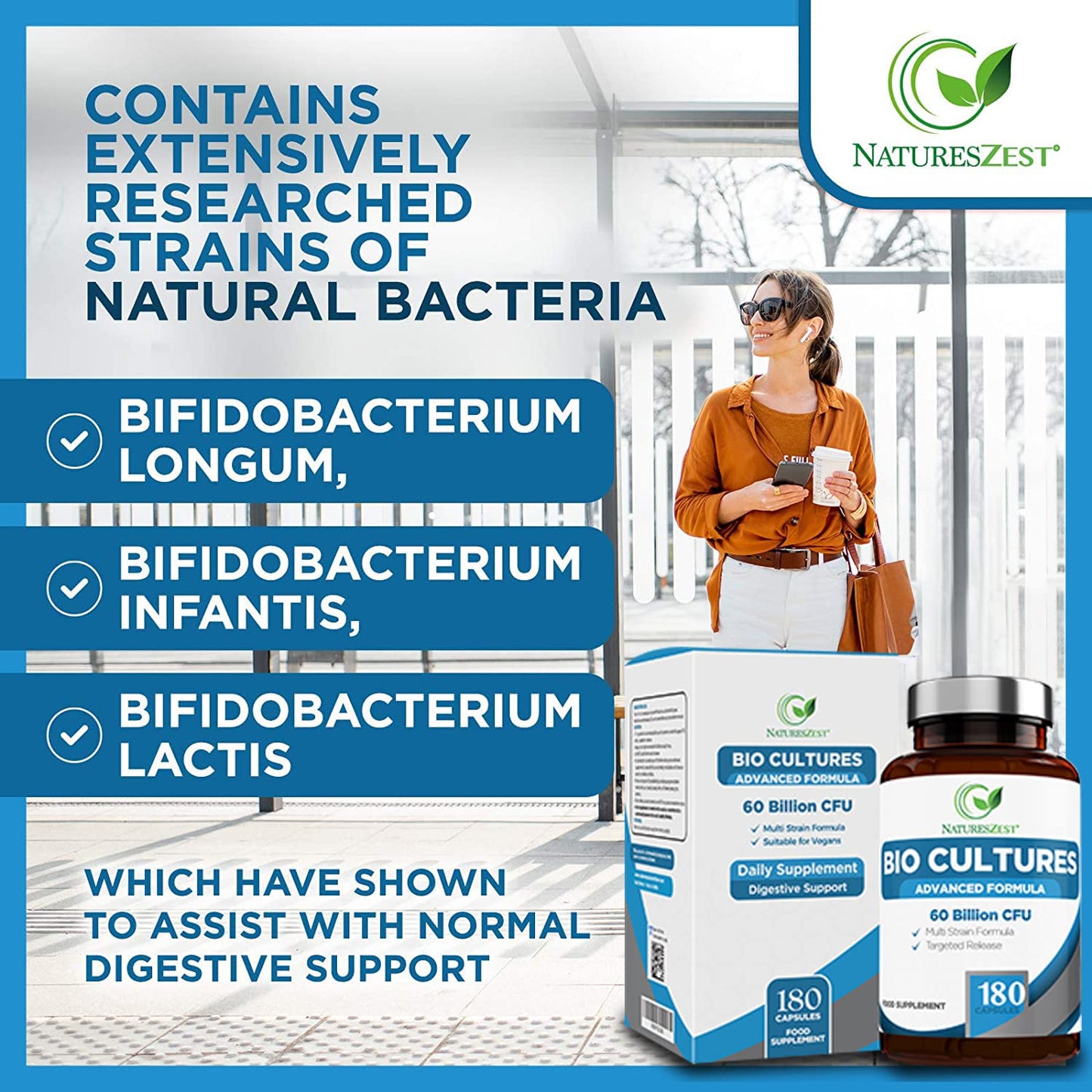 Natures Zest Bio Cultures Complex Probiotics & Prebiotics 60 Billion CFU – 6 Month Supply - Probiotics for Gut Health with Lactobacillus Rhamnosus - Probiotics for Women and Men - 180 Vegan Capsules