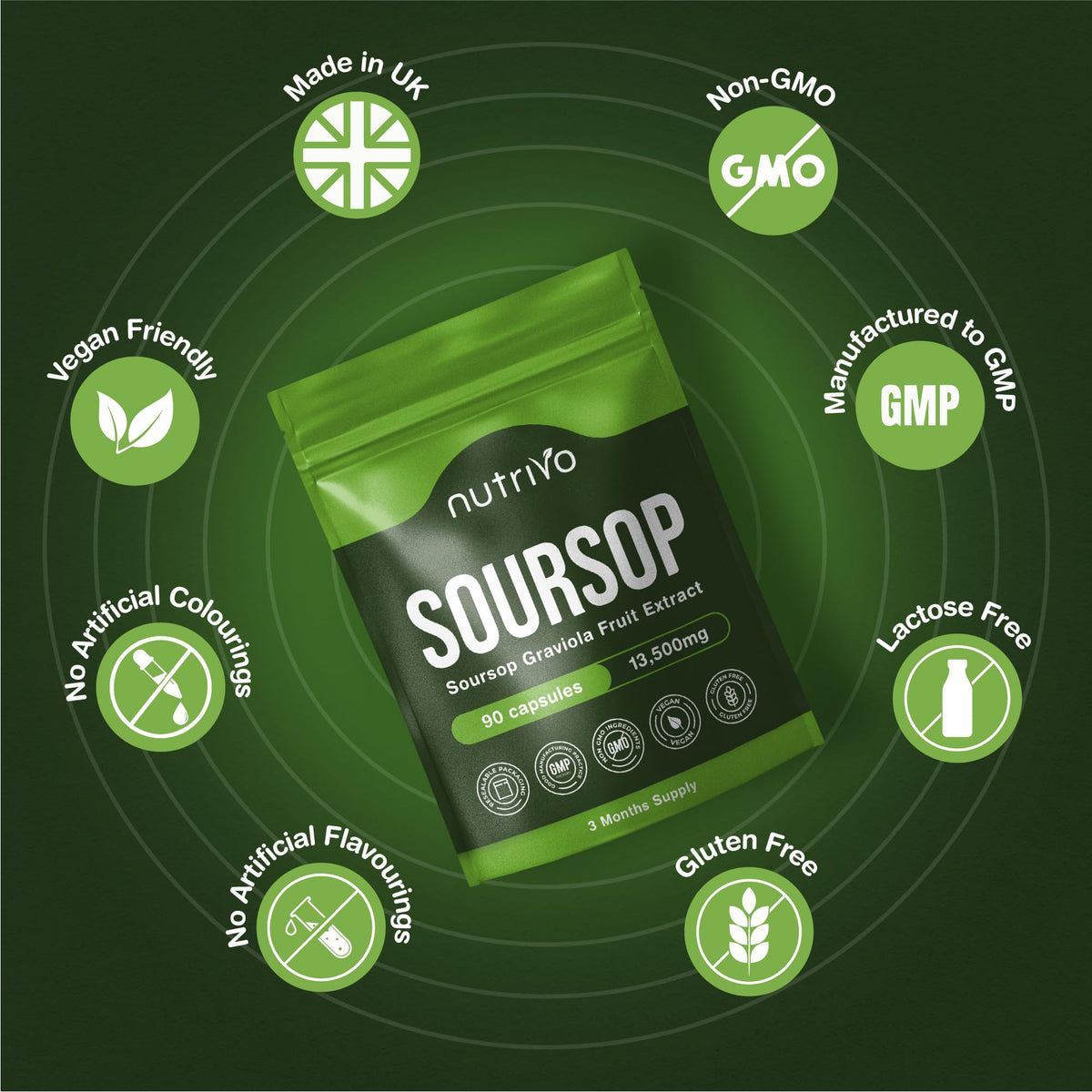 Nutrivo Soursop Graviola Capsules | 13,500mg Per Capsule | 90 Capsules Per Pouch - 3 Months Supply | One A Day | High Strength Soursop Supplement | Vegan & UK Made