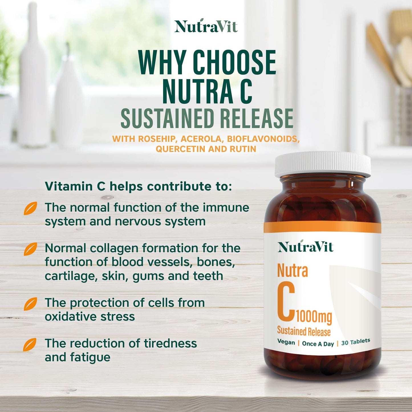 NUTRA C - Vitamin C 1000mg - 30 Tablets - Sustained Release Vegan Tablets - Gluten Free | Orange Flavoured - with Rosehip, Hesperidin & Acerola - Manufactured in a UK MHRA GMP Facility - NUTRAVIT
