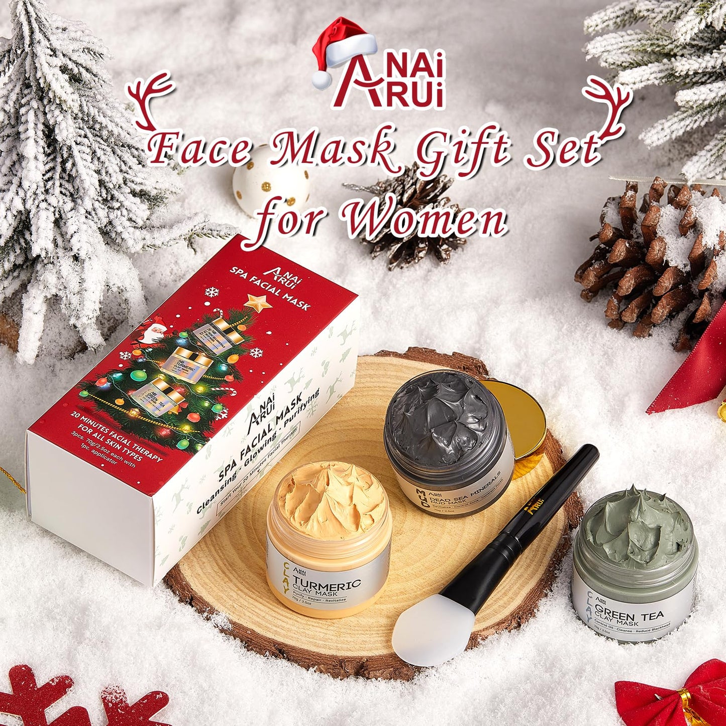 ANAI RUI ANAiRUi Face Mask Gift Set for Christmas 70g*3, Turmeric Clay Mask - Green Tea Clay Face Mask - Dead Sea Minerals Mud Mask, 210 G