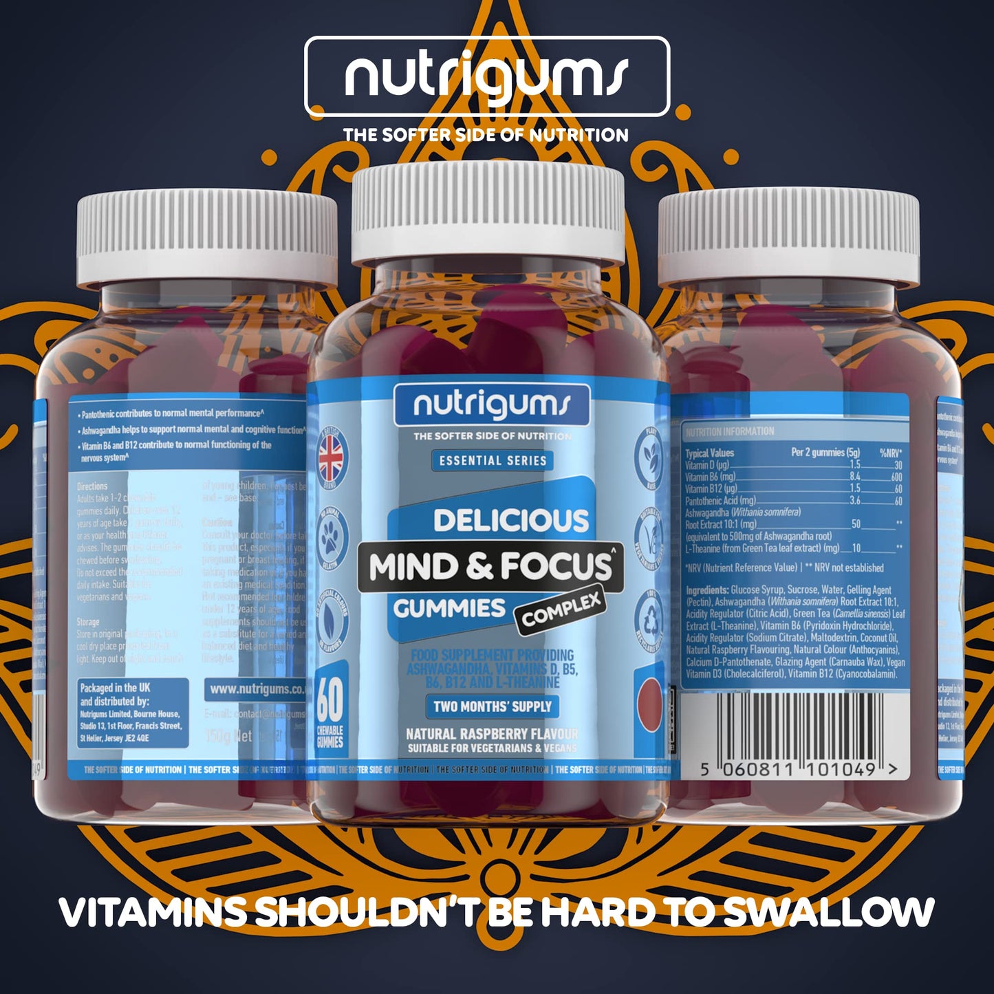 Mind & Focus Raspberry Flavour 60 Vegan Gummies | Ashwagandha, L-Theanine, D3, B5, B6 & B12 | Cognitive Health, Nervous System and Mental Performance | Suitable for Adults & Kids 12+ by NUTRIGUMS®