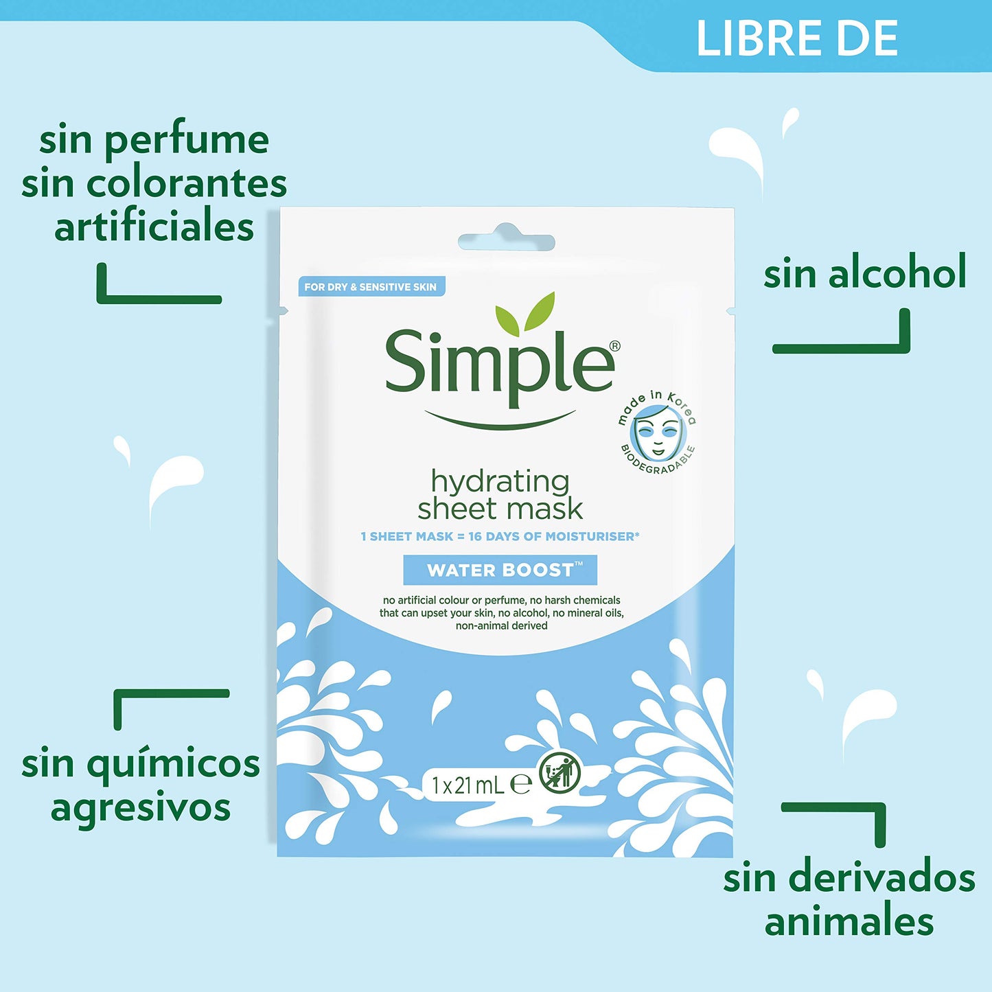 Simple Hydrating 16 days' worth of moisturiser in just 15 minutes Sheet Mask face mask for dry skin 1 pc