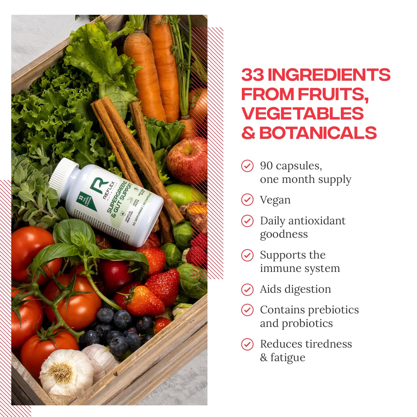 Reflex Nutrition Super Greens and Gut Support Capsules, 33 superfoods, Prebiotics and Probiotics, 90 Caps