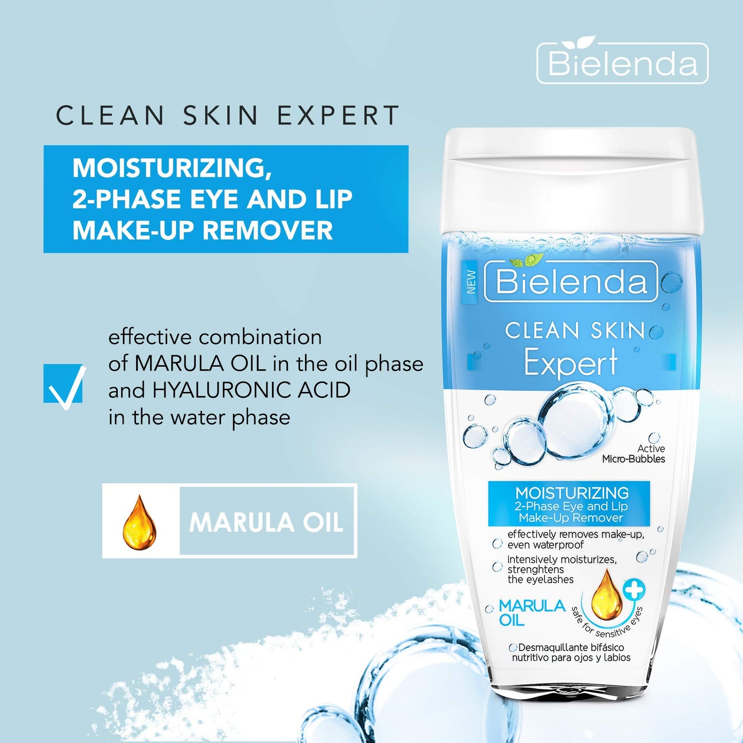 Bielenda Clean Skin Expert - Combination Of Marula Oil And Hyaluronic Acid - Clean Skin Expert Moisturizing 2-Phase Eye And Lip Make-Up Remover With Marula Oil - 150 ml