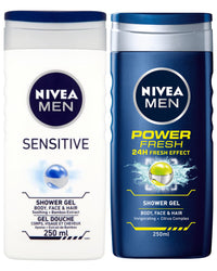 NIVEA Nivea MEN Shower Gel Twin Set SENSITIVE & POWER FRESH Body, Face & Hair Wash 2 x 250ml Exclusive Selection from Kingdom Supplies.