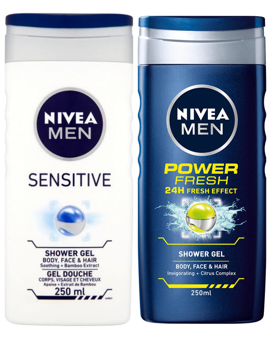 NIVEA Nivea MEN Shower Gel Twin Set SENSITIVE & POWER FRESH Body, Face & Hair Wash 2 x 250ml Exclusive Selection from Kingdom Supplies.