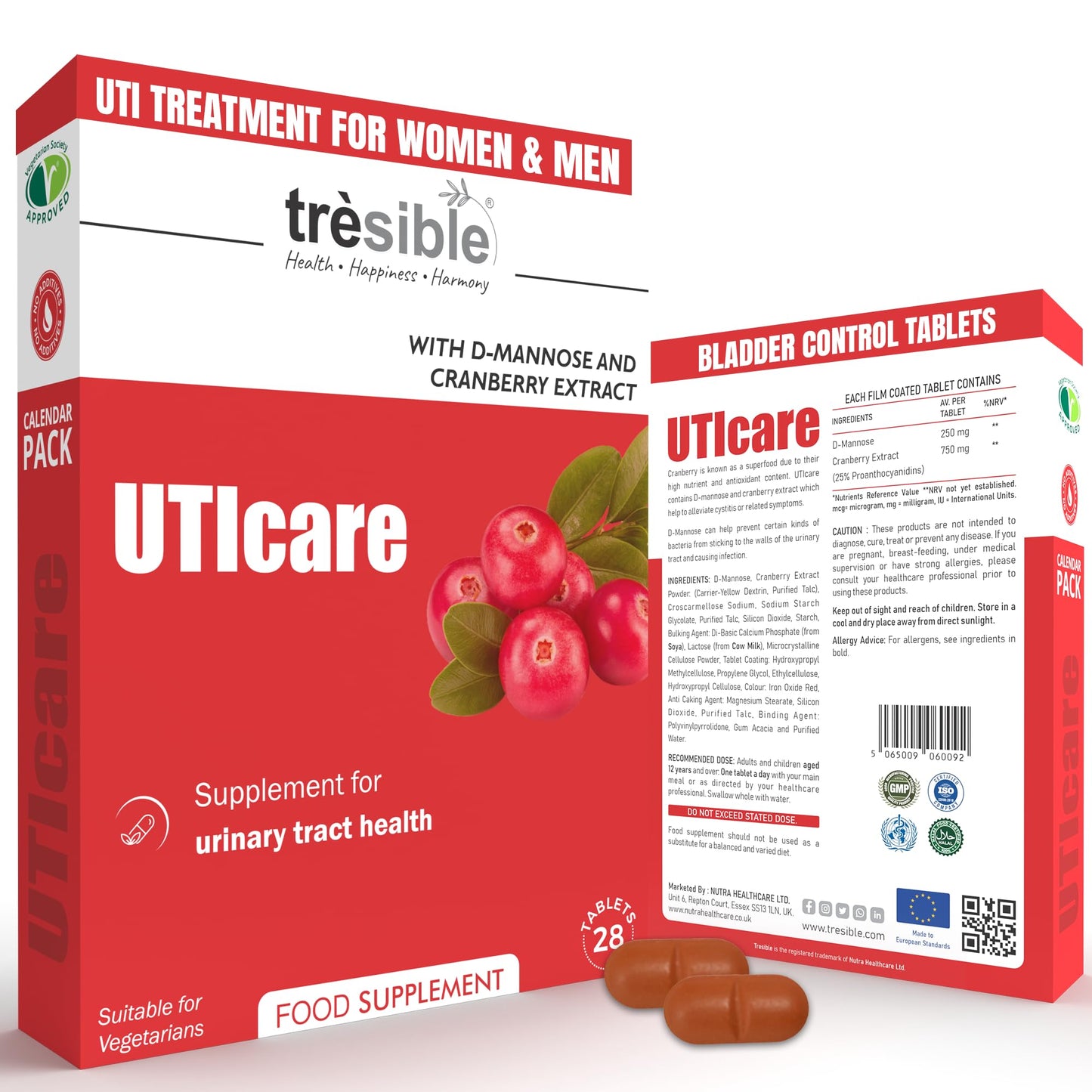 Tresible Trèsible Uticare D-Mannose & Cranberry Tablets for Urinary Infections (4-Week Supply) - Natural Daily Supplement for Bladder Strength & UTI Treatment for Women & Men, Vegetarian, Gluten-Free, & Halal