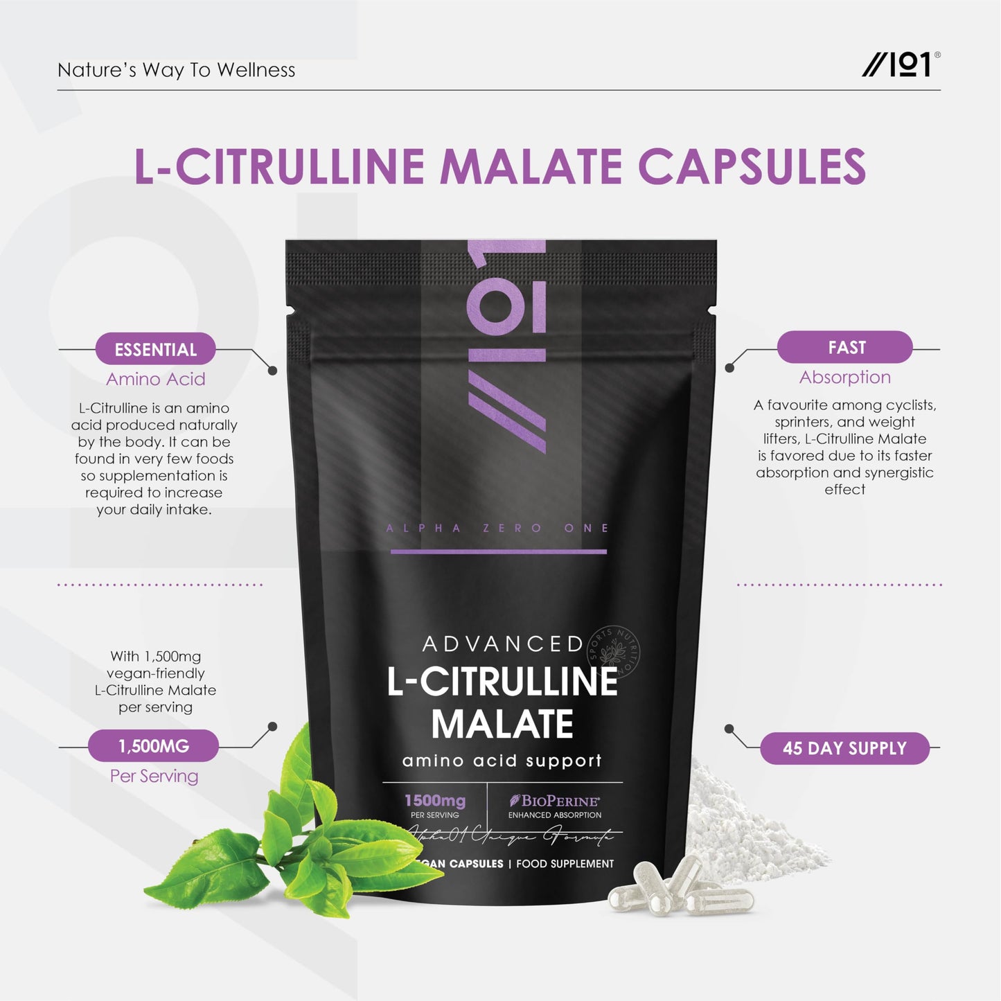 ALPHA01 L-Citrulline Malate 1500mg with BioPerine® - 90 Capsules (V) - High Strength Fermented Amino Acid Supplement - 45 Day Supply - by Alpha01