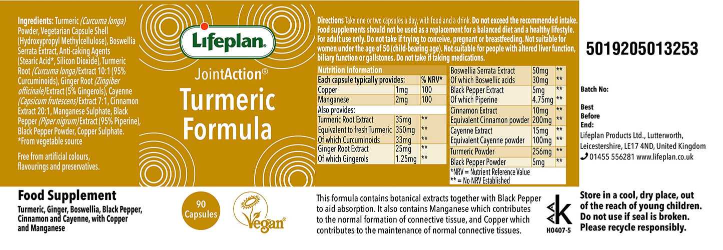 LIFEPLAN Lifeplan Joint Action Turmeric Formula with Copper & Manganese Tablets x 90. for Connective Tissue Support