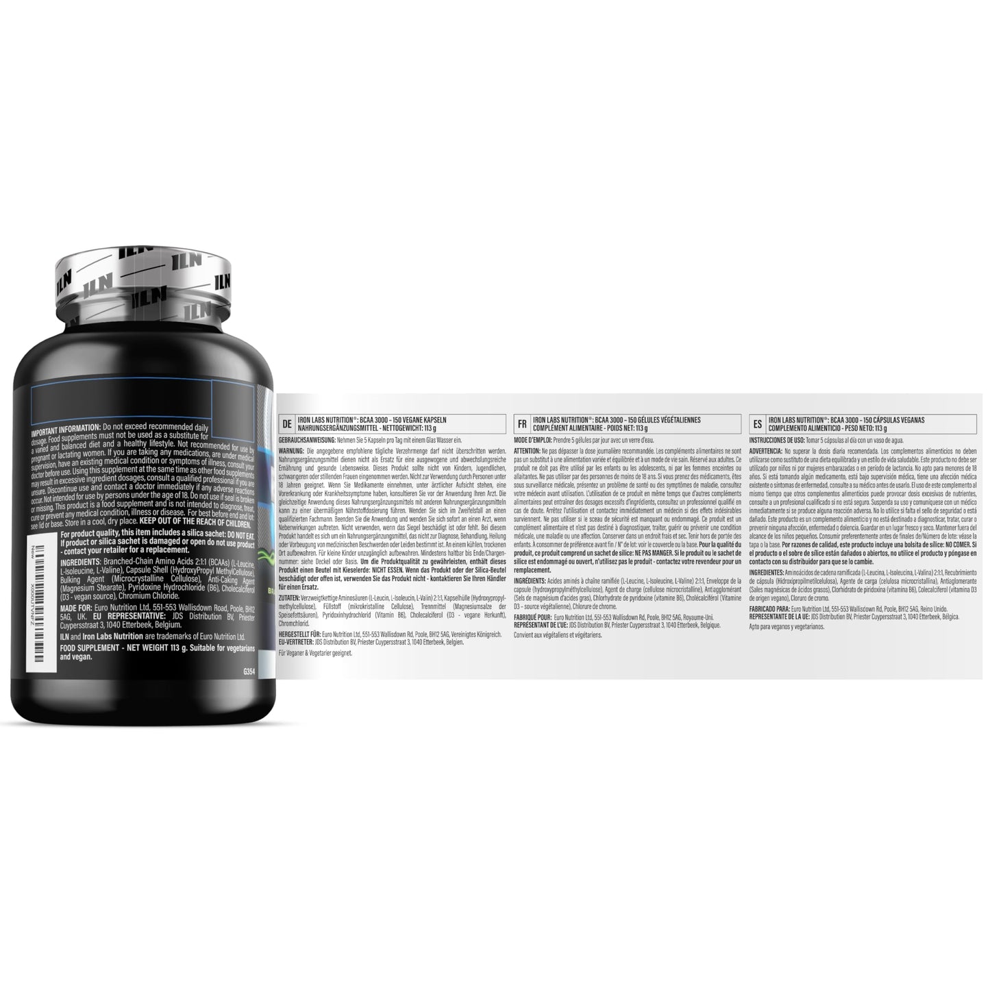Iron Labs Nutrition ILN – BCAA Capsules 3000mg – 2:1:1 Amino Acid Supplements (150 Capsules – 1 Month Supply) – Vegetarian BCAA Tablets
