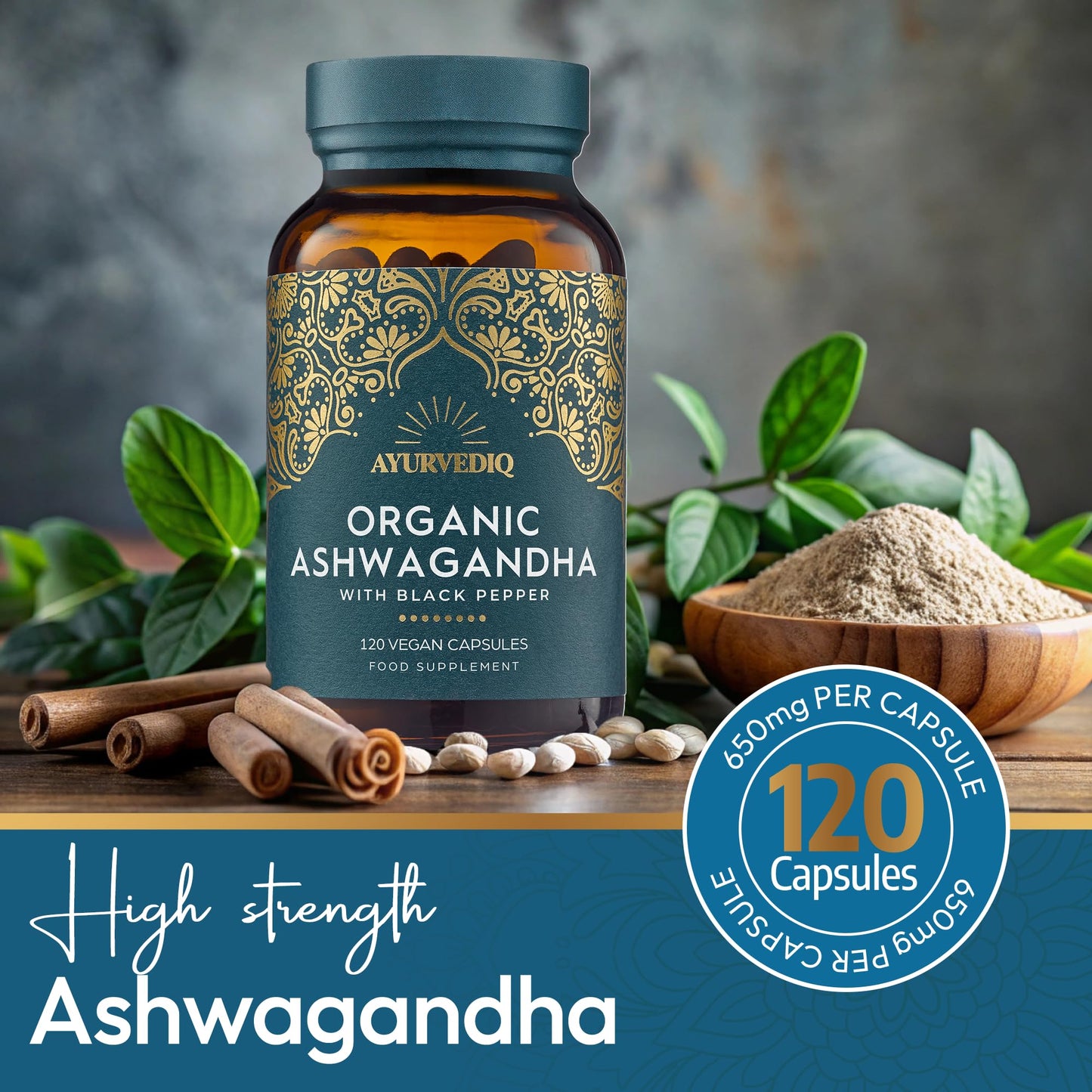 AYURVEDIQ WELLNESS Ayurvediq Wellness Organic Ashwagandha with Organic Black Pepper 650mg, 120 Capsules - Ashwagandha High Strength for Anxiety, Stress Relief for Adults, Better Sleep - Vegan Ayurvedic Products