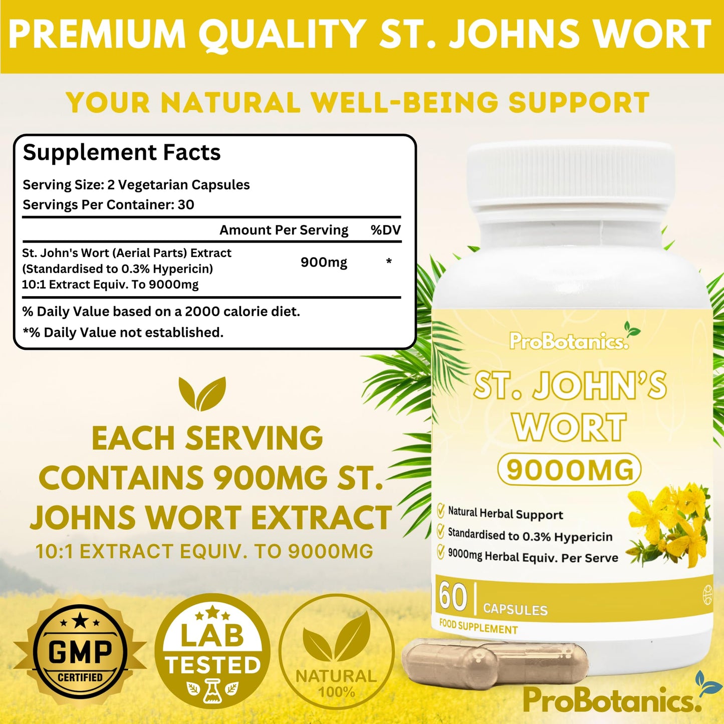 ProBotanics St John’s Wort Capsules 900mg Per Serving (10:1 Extract Equivalent. to 9000mg) | 0.3% Hypericin | Traditional Herbal Support for Mood & Natural Stress Support Supplement - 60 Capsules