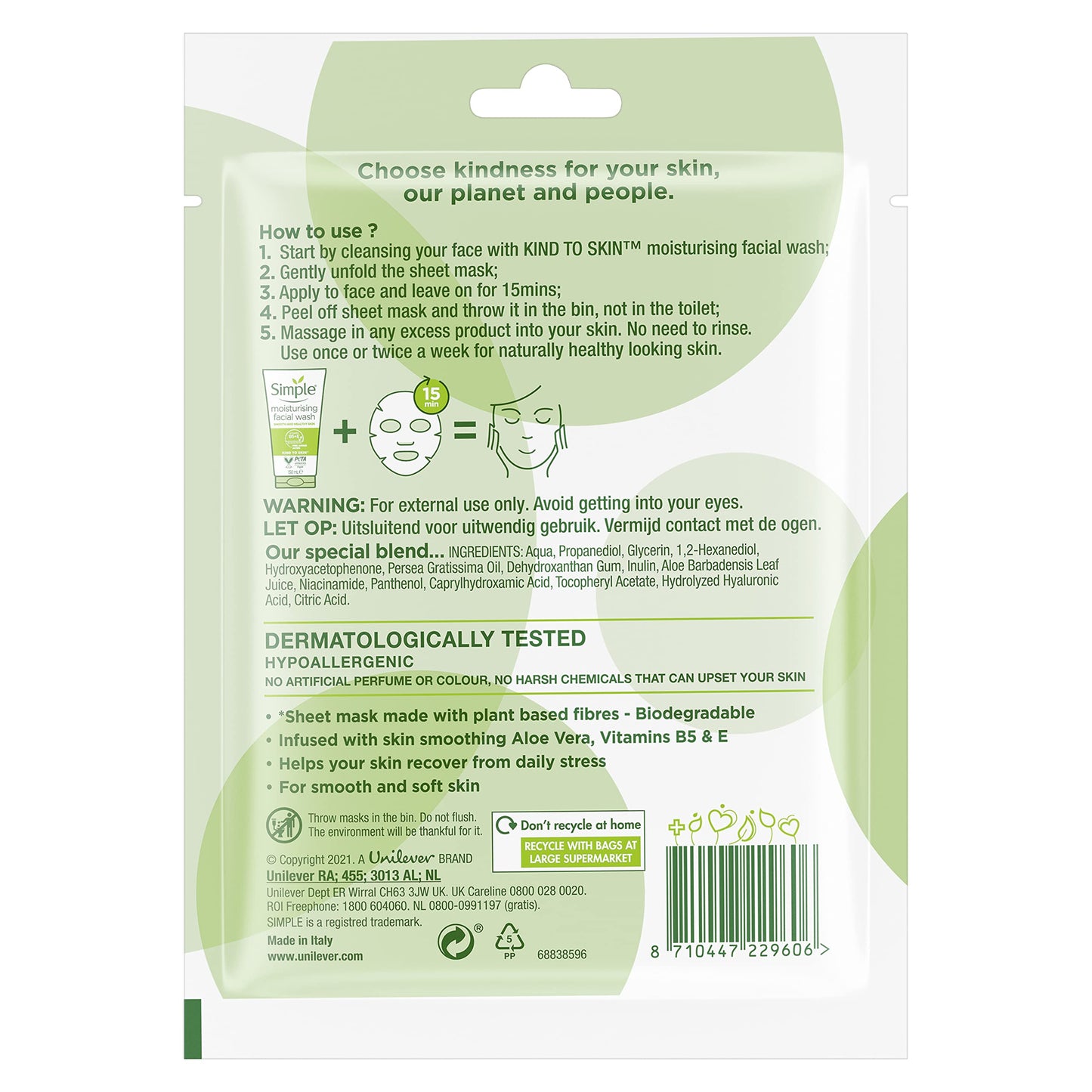 Simple Kind to Skin Sheet Mask De-Stress 1PC