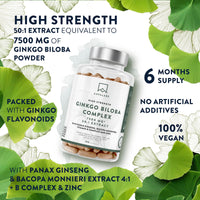 Ginkgo Biloba High Strength -7500mg (50:1 Extract) + Bacopa Monnieri, Ginseng and Ginkgo Biloba Herbal Supplements + VIT B6, B1, B2, & Zinc -180 Nootropic Ginkgo Biloba Capsules - Packed w/Flavonoids