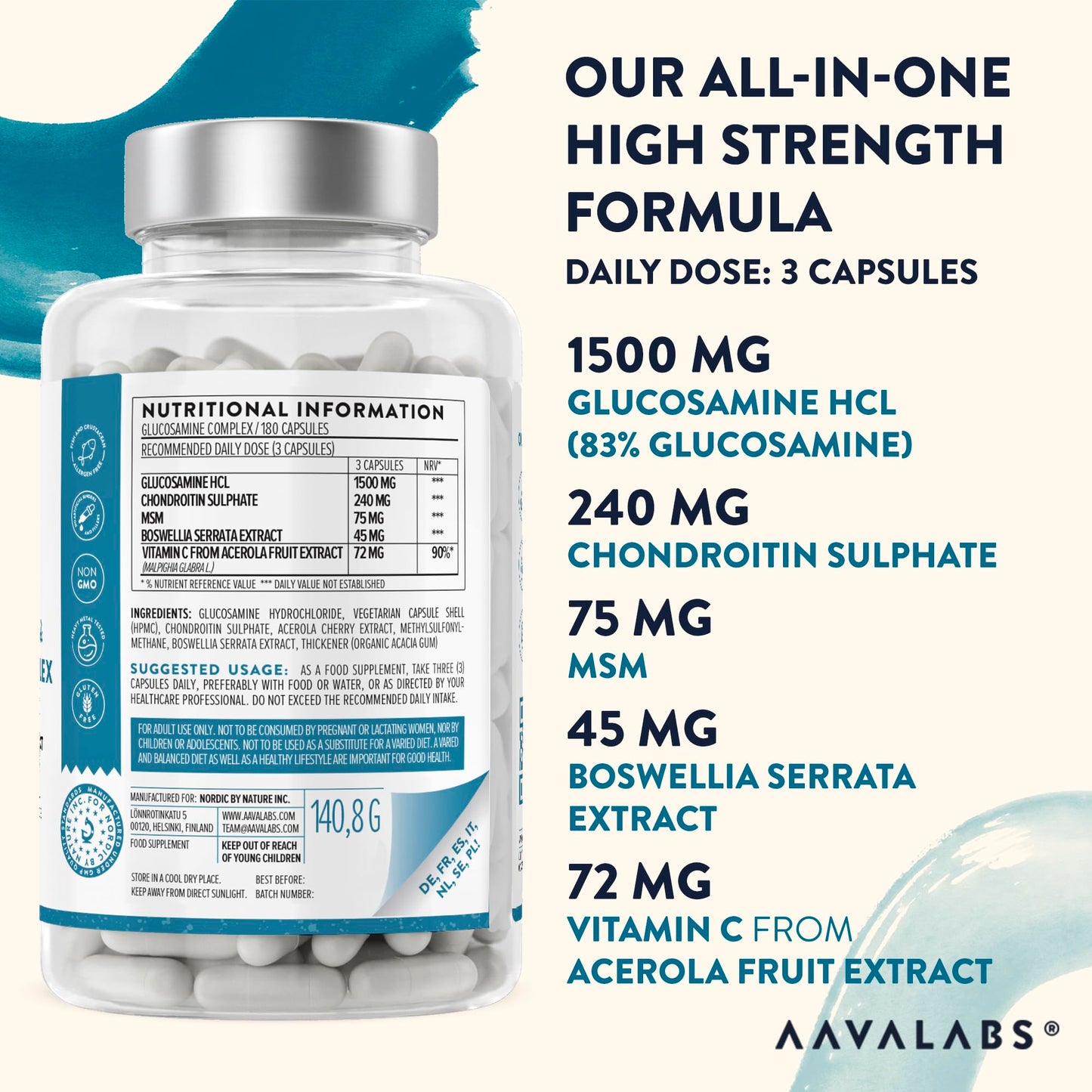 Glucosamine and Chondroitin High Strength + MSM, Boswellia Extract and Vitamin C (3 Capsules Daily) - Glucosamine Complex - Fish and Crustacean Allergen Free - 180 Capsules glucosamine chondroitin