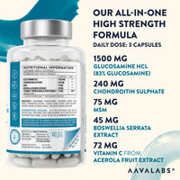 Glucosamine and Chondroitin High Strength + MSM, Boswellia Extract and Vitamin C (3 Capsules Daily) - Glucosamine Complex - Fish and Crustacean Allergen Free - 180 Capsules glucosamine chondroitin