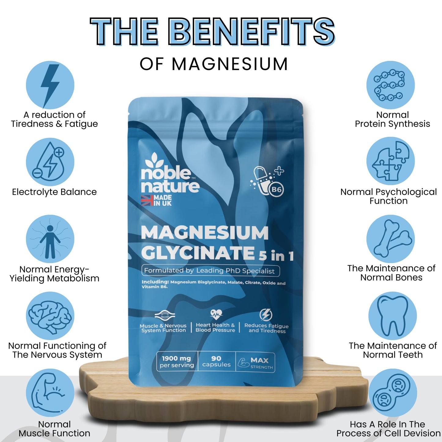 NobleNature Magnesium Glycinate 5-in-1 Complex Formulated by PhD Expert High Strength 1900mg Supplements as Bisglycinate, Malate, Citrate, Oxide & Vitamin B6-90 GMO Free Capsules, 384mg Elemental, UK Made (90)