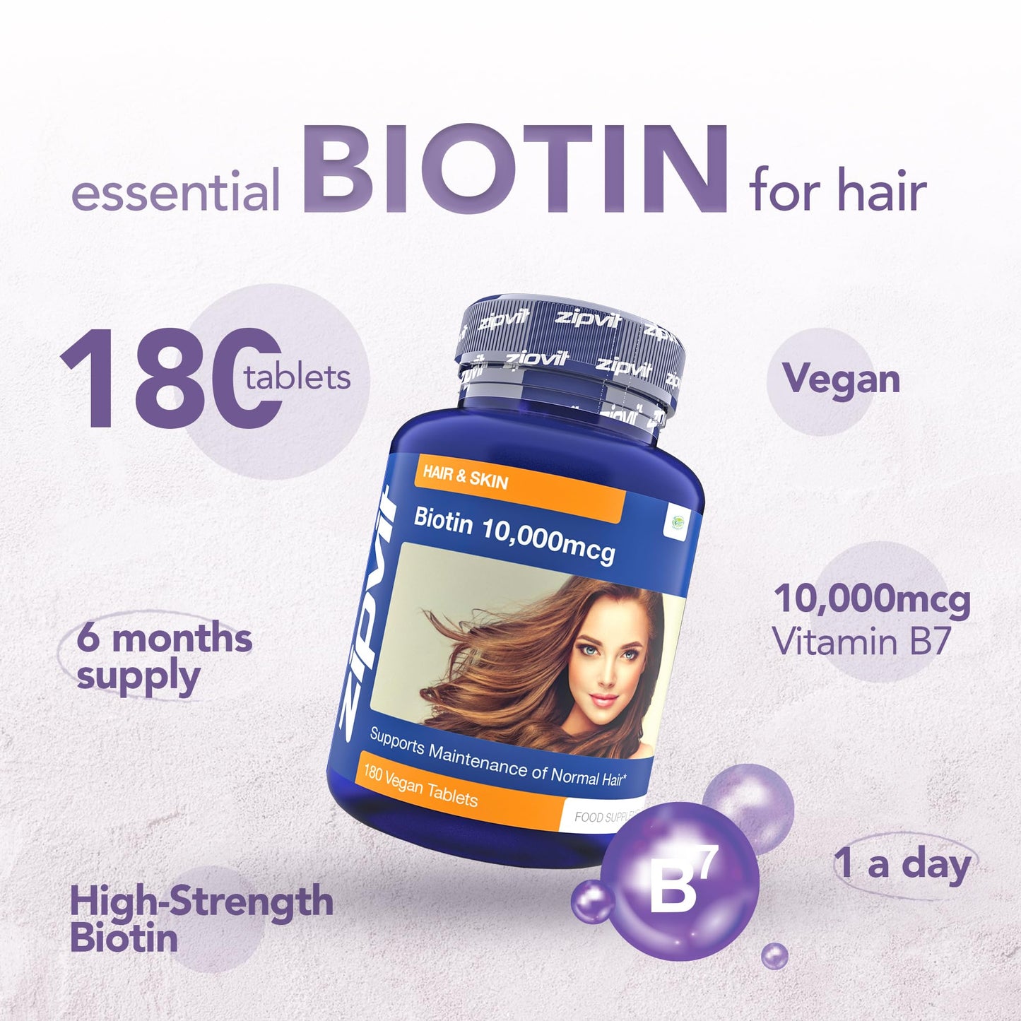 Zipvit Biotin Hair Growth Supplement 10000mcg, 180 Vegan Tablets (6 Months Supply). High Strength Biotin for Hair and Skin. Supports Hair Growth & Skin Health. Vegan Hair Vitamins for Women & Men