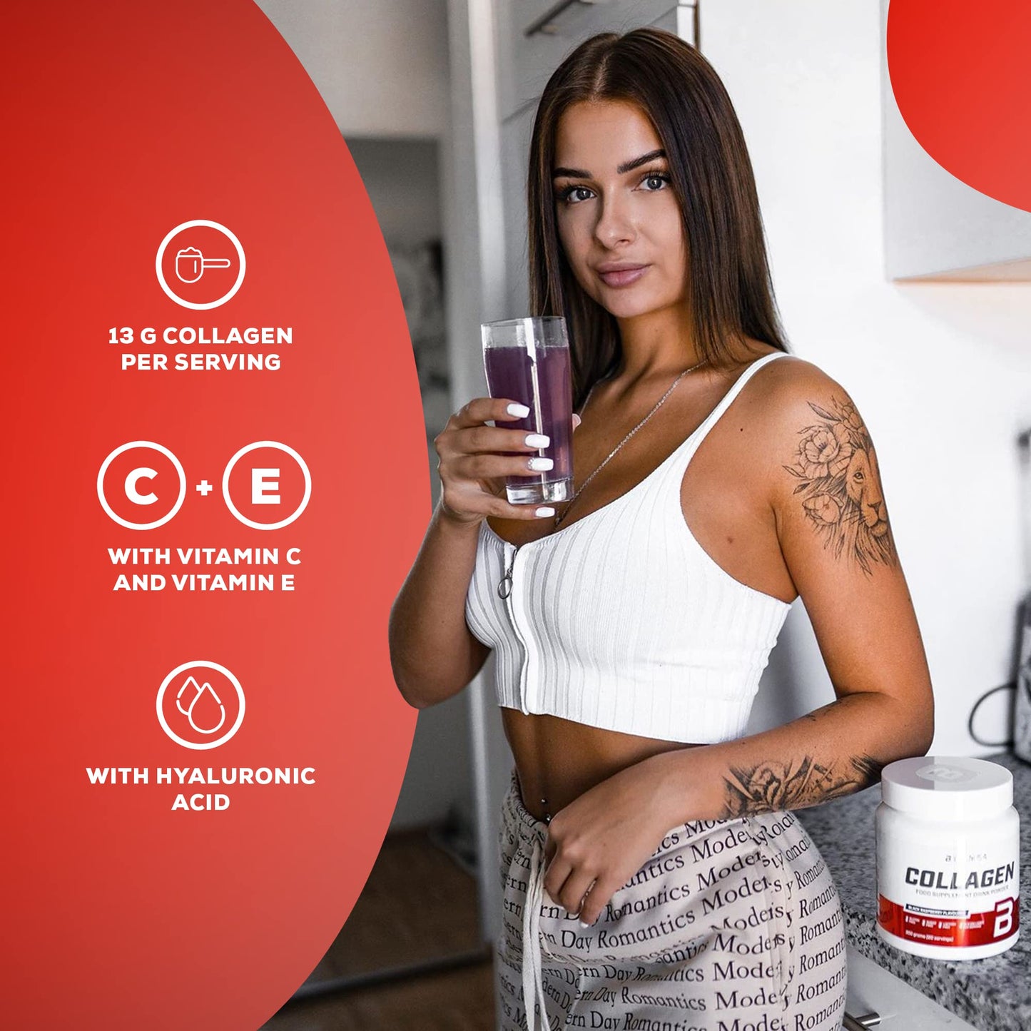 BioTechUSA Collagen | Hyaluronic Acid and Collagen Complex | Added Vitamin C and E | Skin Wellness and Nourishment, 300 g, Black Raspberry