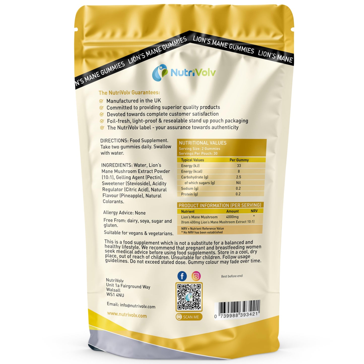 Lions Mane Gummies 4000mg | Super Strength Lion's Mane Supplement | 1 Month Supply | Mushroom Extract | Pineapple Flavour | 60 Vegan Gummies | Sugar Free | Focus, Mental Performance | by NutriVolv