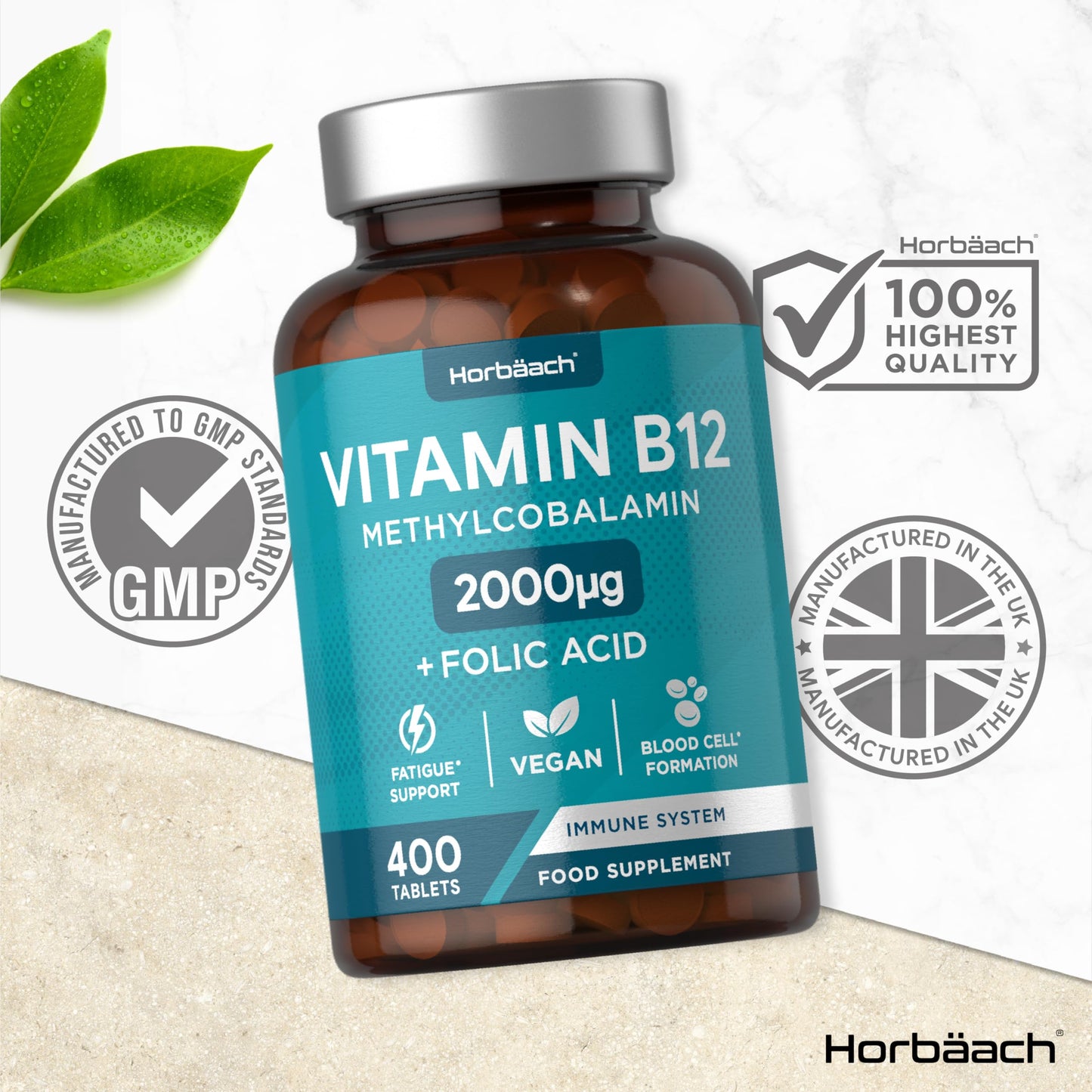 Vitamin B12 Tablets | 2000mcg | 400 Vegan Tablets | High Strength Supplement | Complex Formula with Folic Acid | by Horbaach