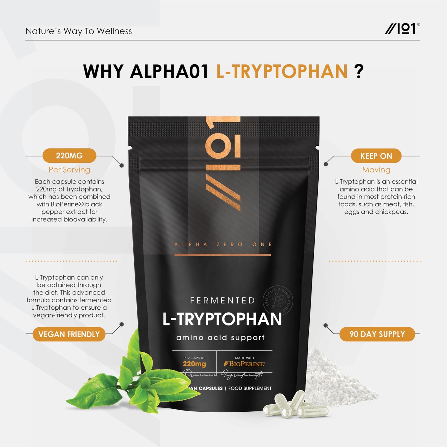 ALPHA01 L-Tryptophan 220mg with BioPerine® - 90 Vegan Capsules – Naturally Fermented L-Tryptophan Supplement with Black Pepper Extract for Increased Bioavailability - 3 Months Supply - by Alpha01