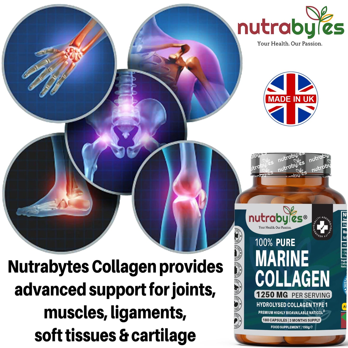 NUTRABYTES Nutrabytes 100% Pure Marine Collagen Supplement, 1,250mg (180 Capsules) | Type 1 Hydrolysed Collagen Peptides for Skin, Hair, Nails & Joints | Supplement for Men and Women | 3 Month Supply