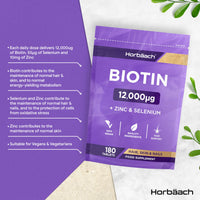 Horbäach Biotin Tablets 12000ug | 180 Count | High Strength Complex with Zinc and Selenium | Vegan Supplement | by Horbaach