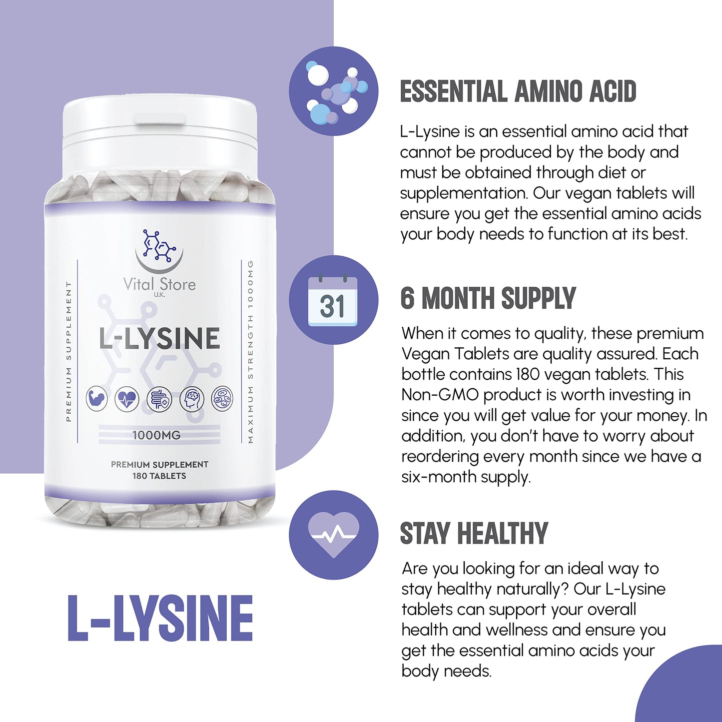 Generic L-LYSINE 1000MG - 180 Vegan Tablets - 6 Month Supply - High Strength Essential Amino Acid