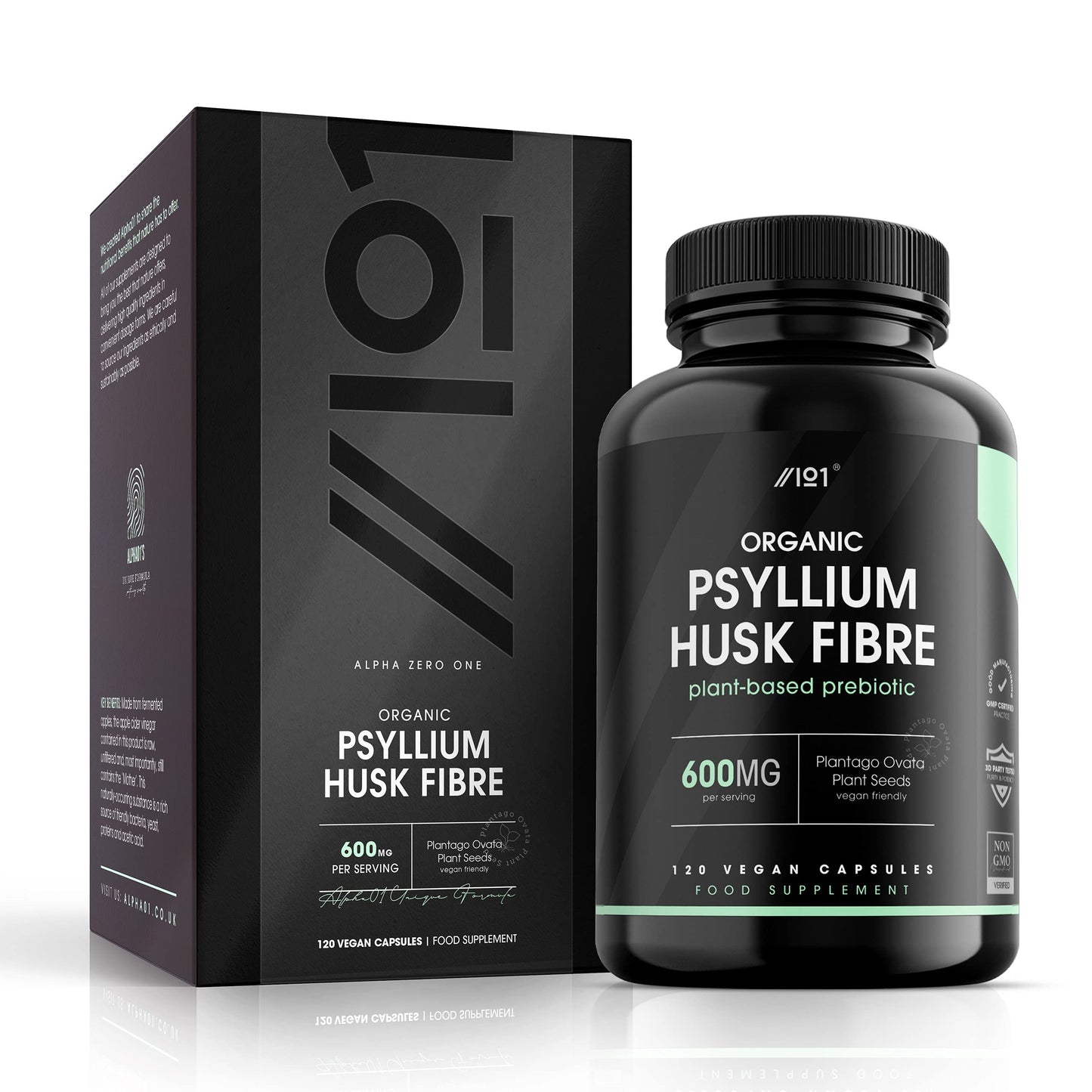 ALPHA01 Organic Psyllium Husk Fibre 600mg - 4 Months Supply - Natural Prebiotic Fibre Supplement from Raw Plantago Ovata Seeds - 120 Vegan Capsules