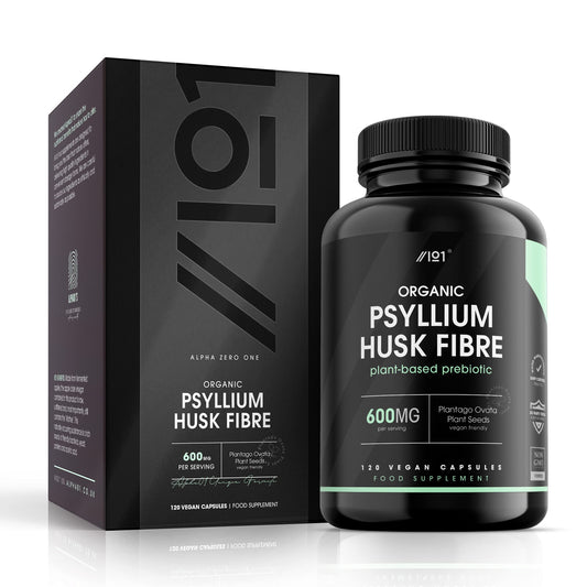 ALPHA01 Organic Psyllium Husk Fibre 600mg - 4 Months Supply - Natural Prebiotic Fibre Supplement from Raw Plantago Ovata Seeds - 120 Vegan Capsules