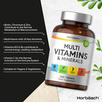 Multivitamin Tablets for Men and Women | 365 Count | with 24 Essential Nutrients Including Vitamin D, B12, Zinc and Iron | 100% Vegan Supplement | by Horbaach