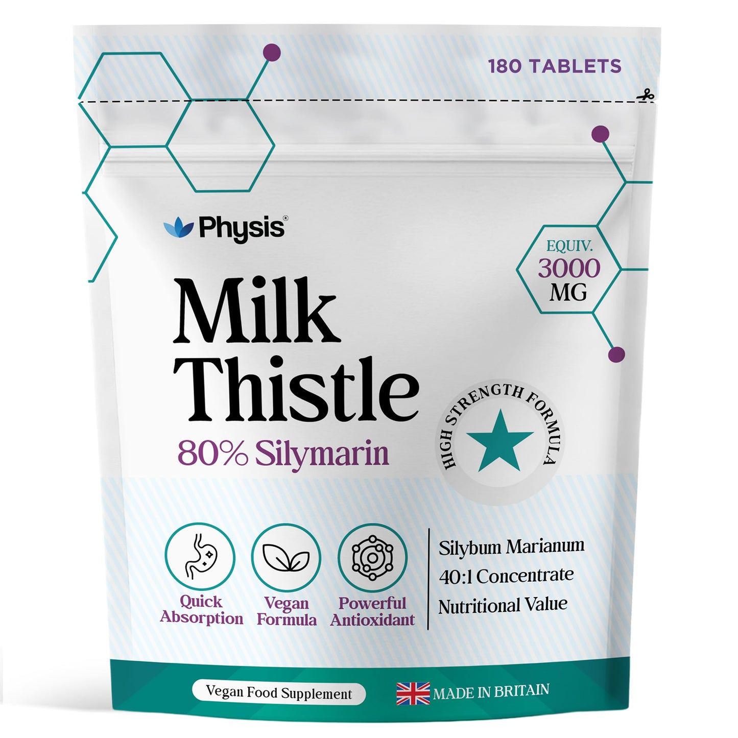 Physis Milk Thistle High Strength Food Supplement | 80% Silymarin | Milk Thistle Seeds | 180 x Tablets | Vegan Food Supplement | Made in Britain