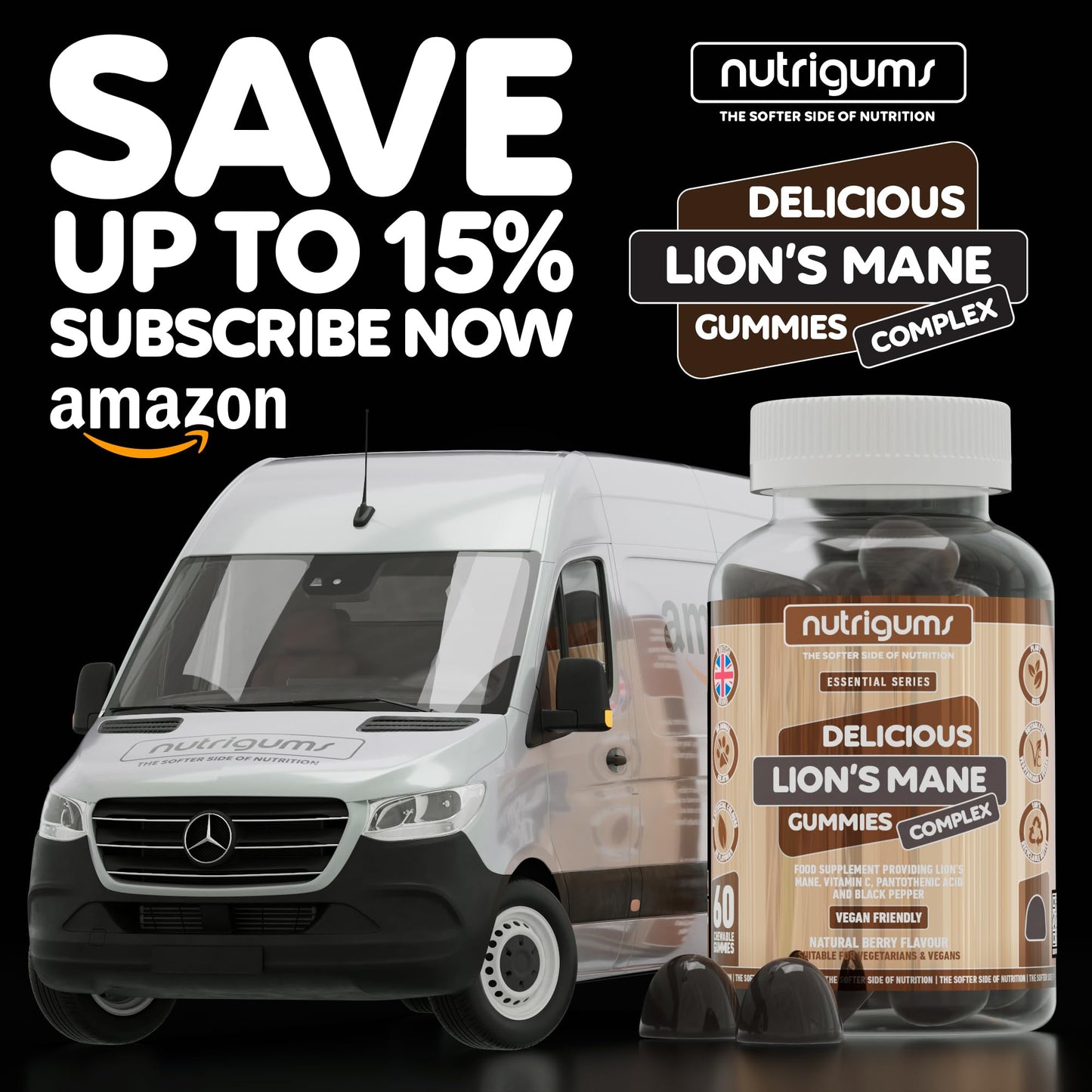 Nutrigums Lion's Mane Mushroom 2500mg High Strength Complex Gummy | Berry Flavour | 60 Vegan Gummies | Polysaccharides with VIT C, VIT B5 and Black Pepper | for Cognition & Mood by NUTRIGUMS®
