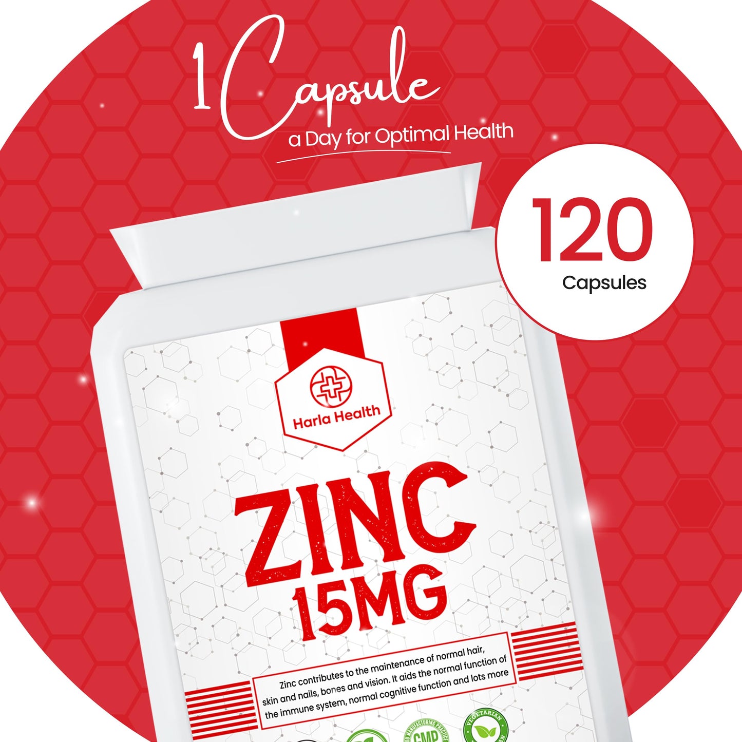 Zinc - 15mg - 120 Capsules - 4 Months Supply - Suitable for Vegetarians & Vegans - Harla Health - Make in The UK - GMP Codes of Practice
