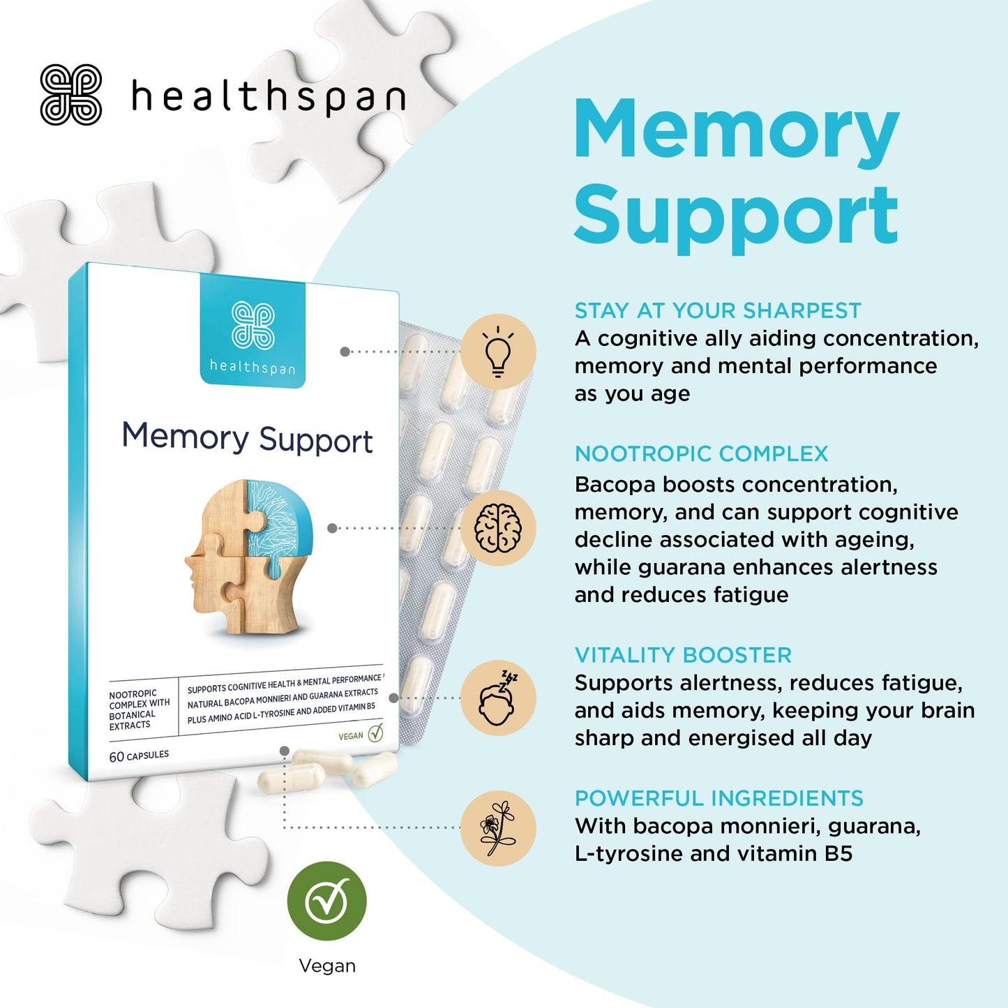healthspan Healthspan Memory Support | 60 Capsules | Helps Concentration and Memory | Supports Cognitive Decline associated with ageing | High Strength bacopa monnieri Extract | Added Guarana for Alertness