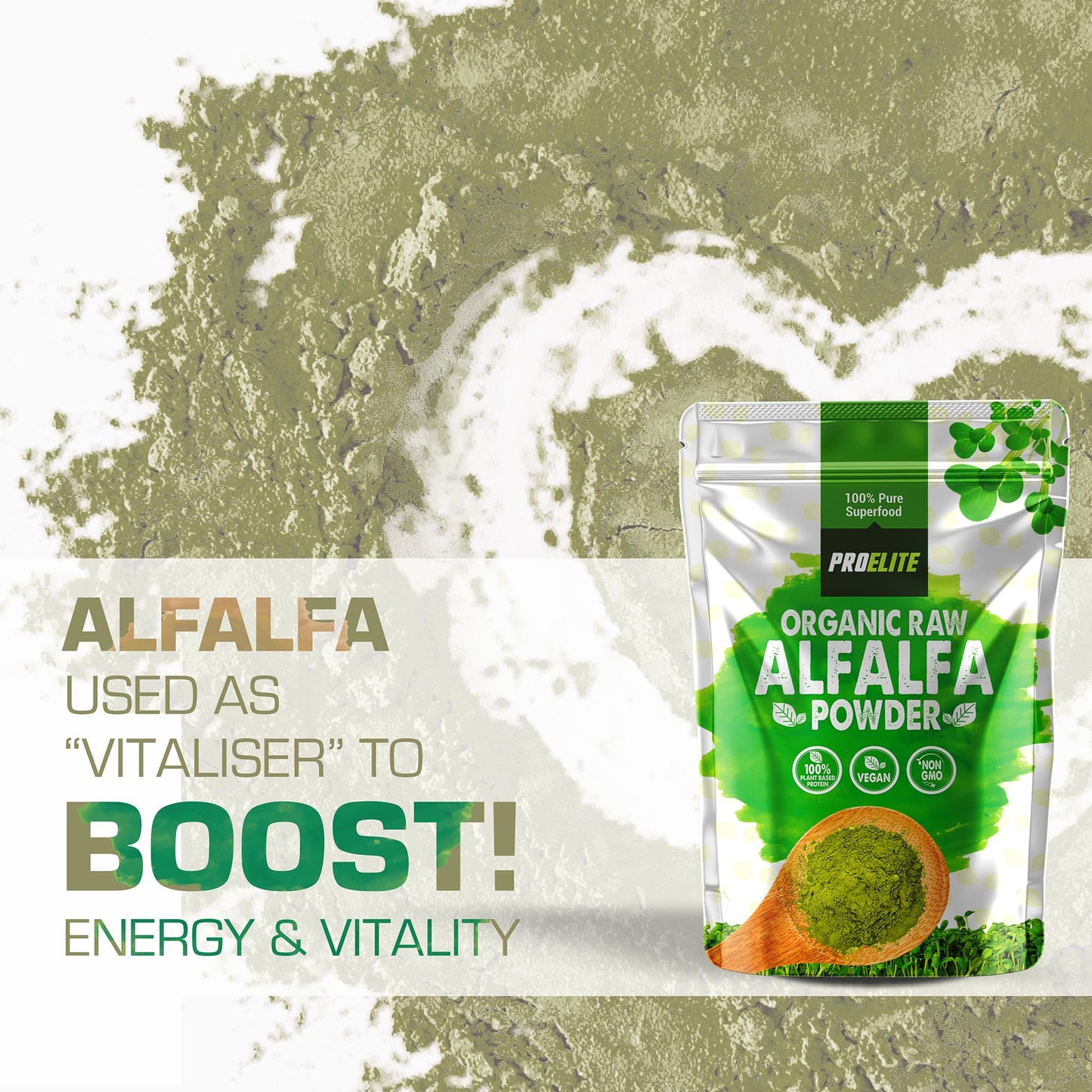 Organic Alfalfa Powder 500g Support Energy and Stress, Vegan Keto Green Superfood Supergreen Raw Natural Alfalfa Powder Juice Shots PROELITE
