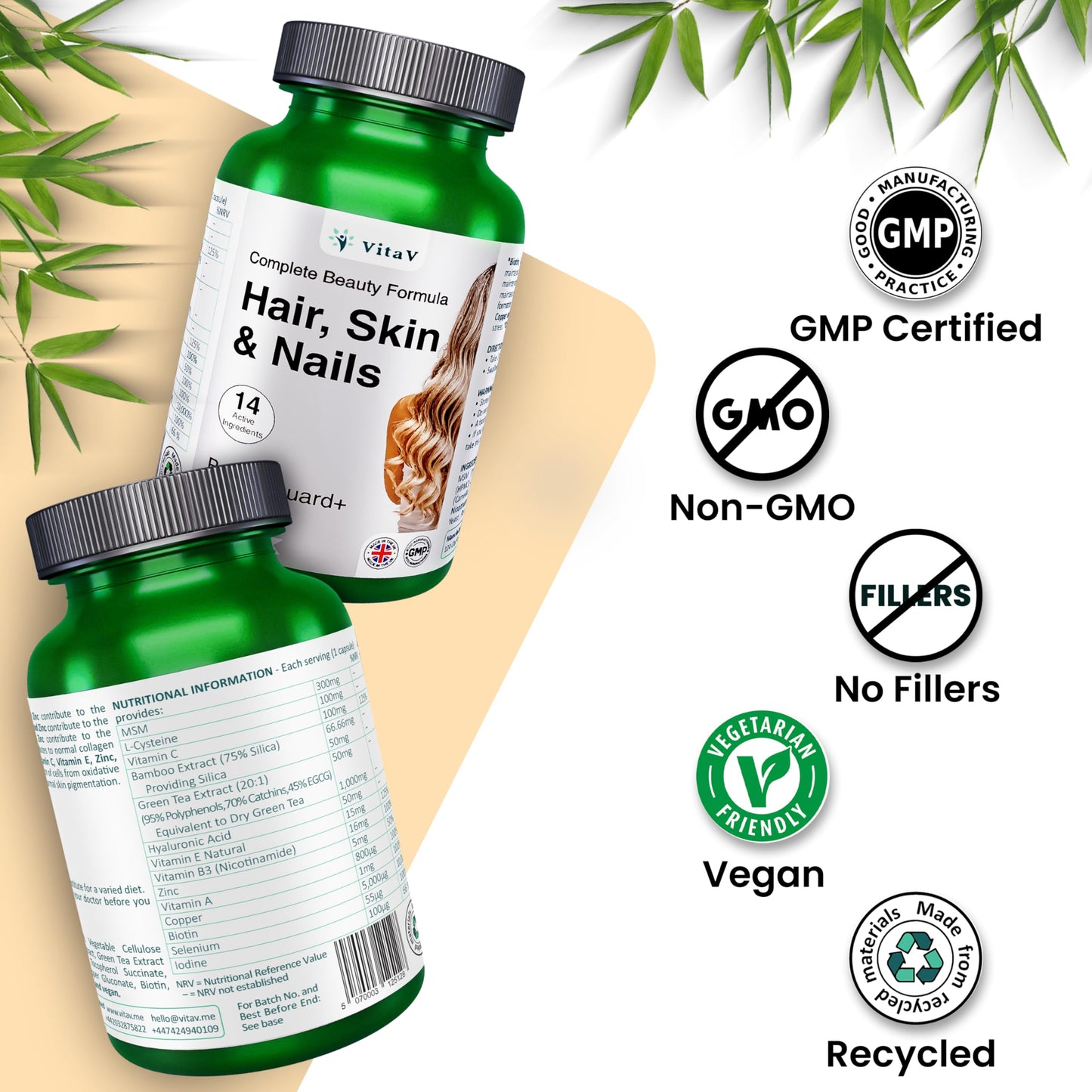 VitaV Hair Skin and Nails Vitamins | Biotin Supplements with Hyaluronic Acid MSM Silica Selenium Zinc Supplements Biotin Hair Growth Vitamins Beauty Formula Hair Vitamins Nail Care Hair Repair Multivitamin
