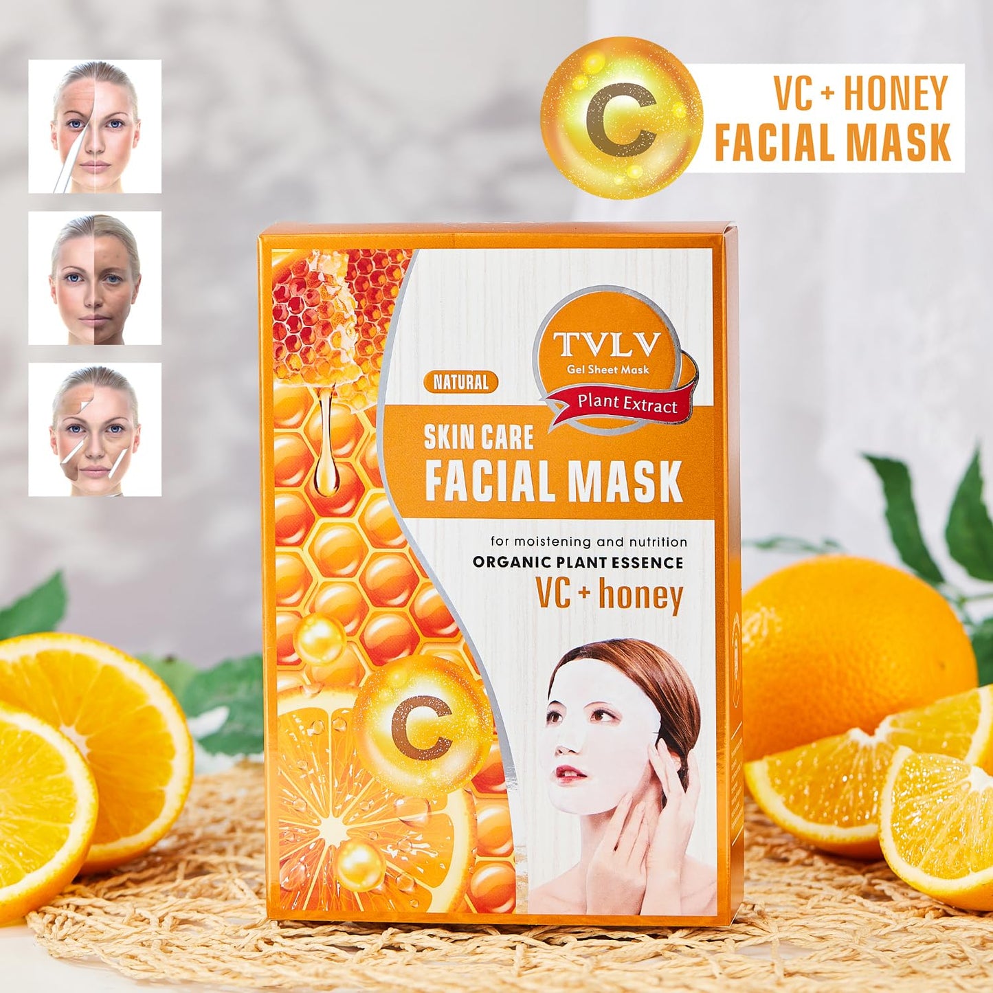 Generic 10-Pack VC+Honey Facial Masks with Hyaluronic Acid - Moisturizing, Alcohol-Free Sheet Masks for All Skin Types, Scented with Natural Honey Essence, Hydration Boost & Multi-Nourishing Benefits