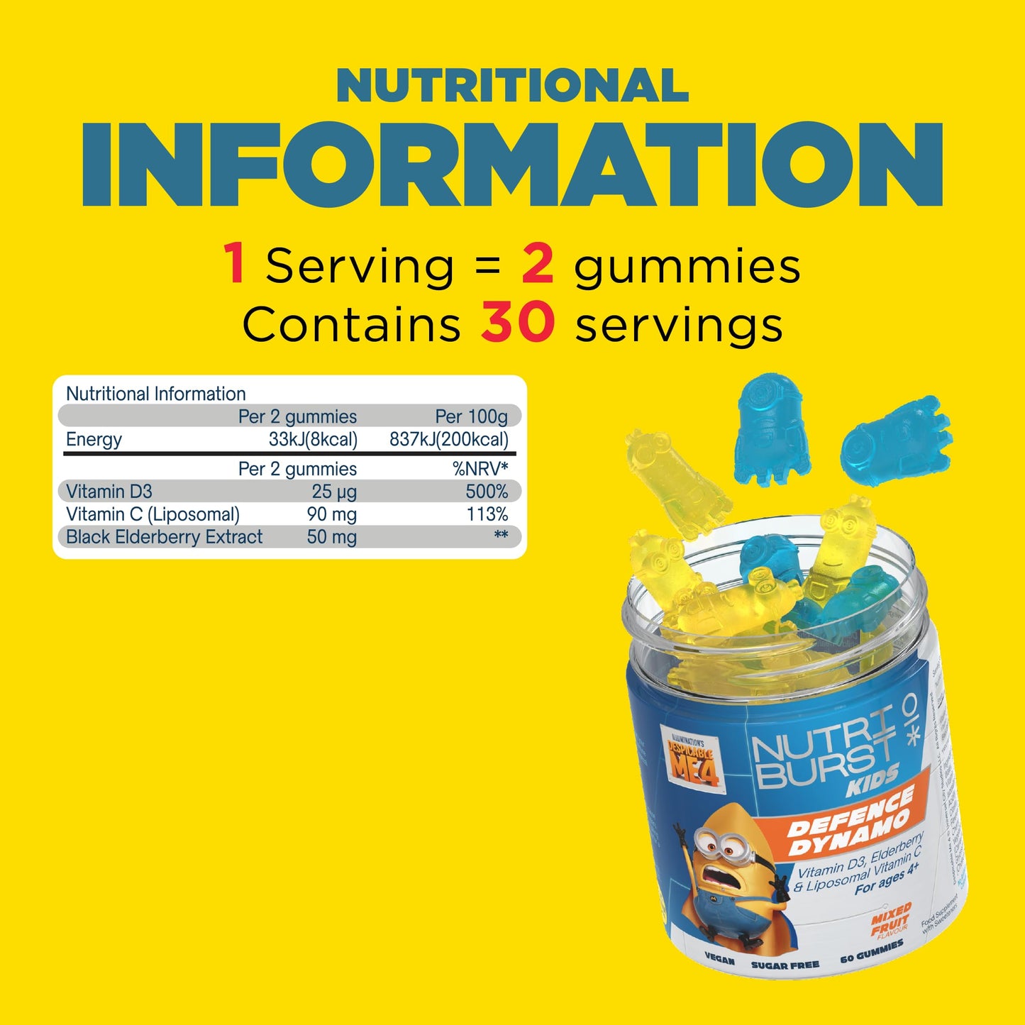 Nutriburst Minions Defence Dynamo Vitamins for Kids - Chewable Vitamins for Immunity & Energy - Vitamin D3, Vitamin C + Black Elderberry Extract - Vegan + Sugar Free - Fruity Flavour - 60 Gummies