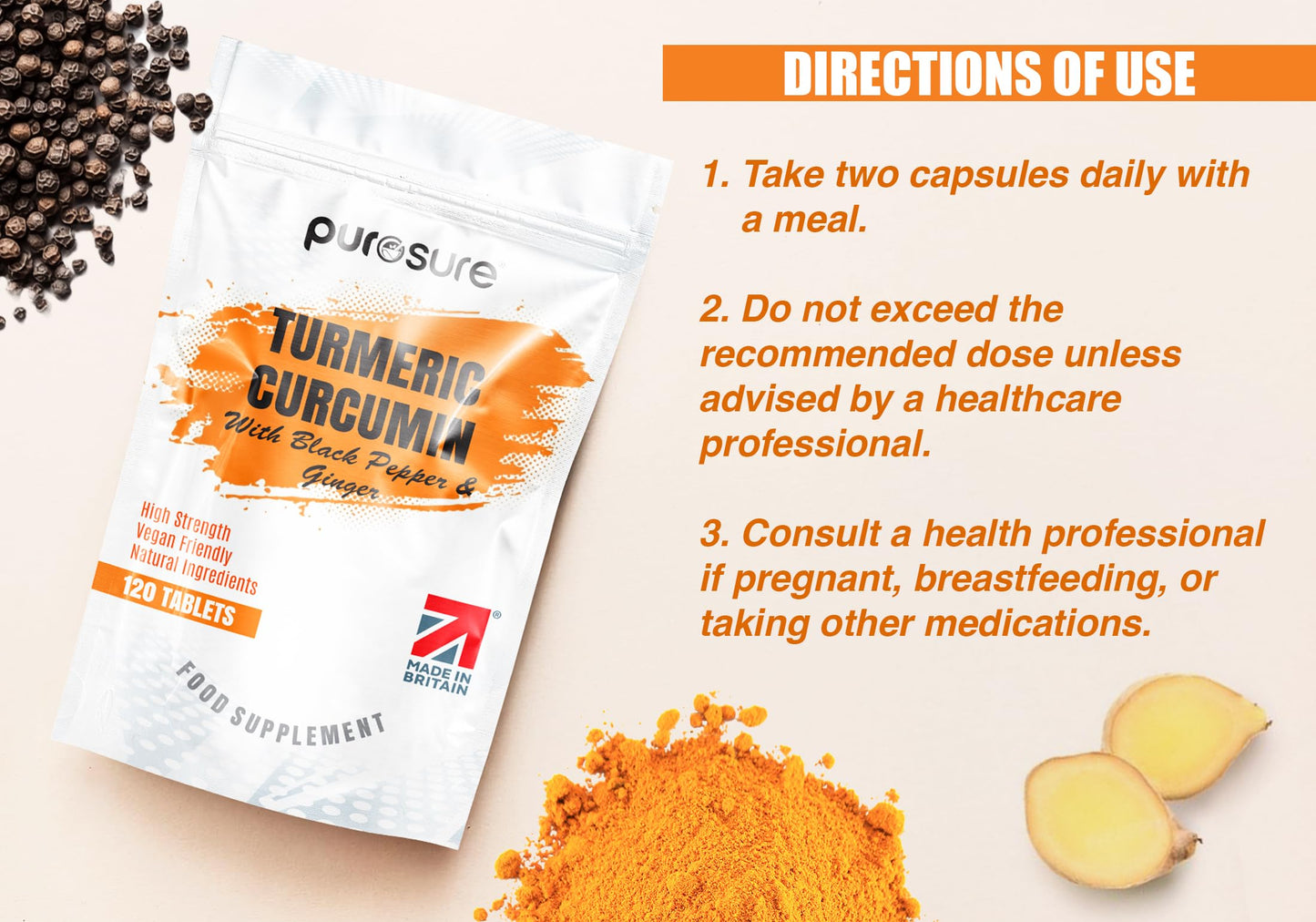 PuroSure Purosure Organic Turmeric (Curcuma Longa) Capsules High Strength and Organic Black Pepper with Active Curcumin with Organic Ginger - 120 Vegetarian and Vegan Organic Capsules