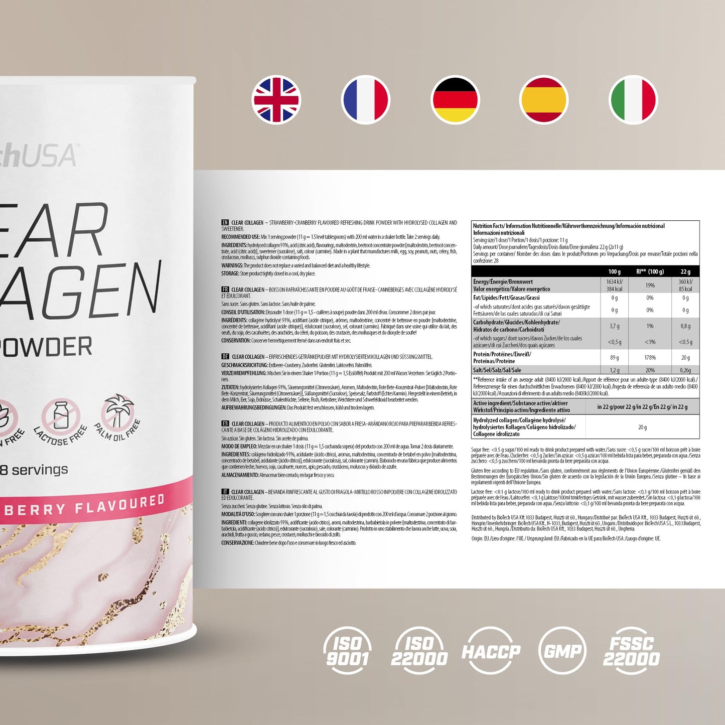 BioTechUSA Clear Collagen Drink Powder, A Refreshing, Flavoured Drink Powder containing hydrolysed Collagen and Sweetener, 308 g, Strawberry & Cranberry