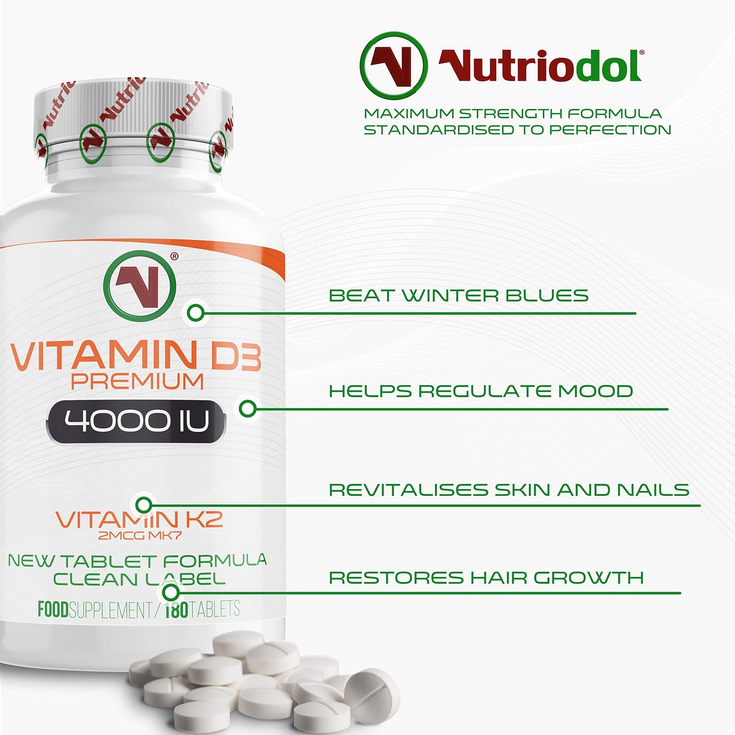 Nutriodol Vitamin D3 4000 IU with Free 2mcg K2 MK7 All Trans – (6 Months) 180 x High Strength Vitamin D Tablets – Immune System D Supplement for Men and Women – VIT D3 As Cholecalciferol