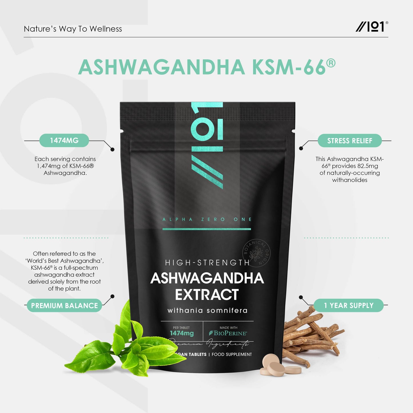 ALPHA01 Ashwagandha Extract 1474mg with BioPerine® - 365 Vegan Tablets (1 Year Supply) - Potent 3% Withanoids - High Strength Ashwagandha Root Extract (not Ashwagandha Capsules)