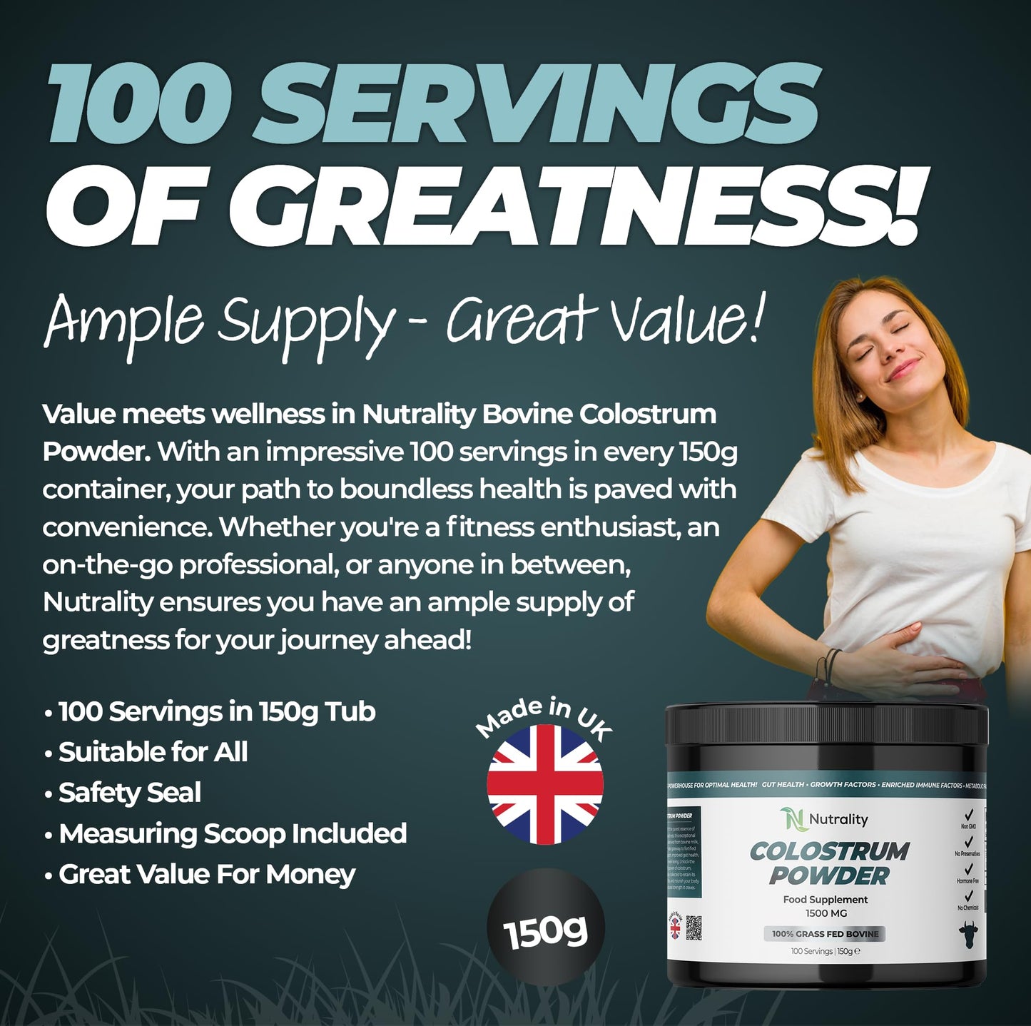 Nutrality Bovine Colostrum Powder 1500mg 150g | Immune Support, Gut Health, 100% Grass Fed Bovine, Growth & Metabolic Factors, Optimal Wellness | No Preservatives & Hormone-Free