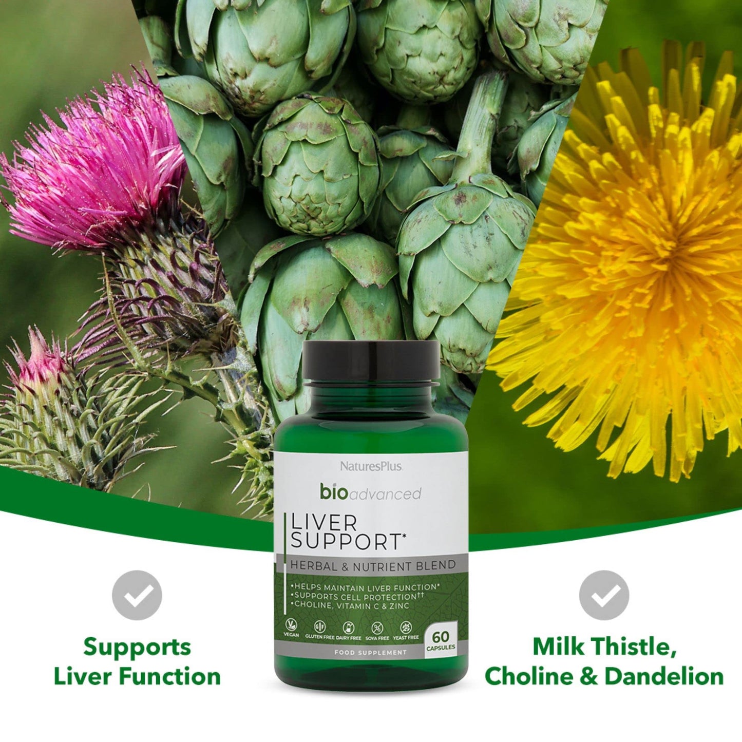 NaturesPlus BioAdvanced Liver Support - Liver Health Supplement with Turmeric, Artichoke, Milk Thistle, Dandelion, Choline and Methyl Bs - Gluten, Dairy and SOYA Free - Vegan - 60 Capsules