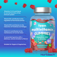 Multivitamins for Teens | 60 Vegan Gummies | 14 Essential Nutrients | with Vitamin A, B12, C, D & Zinc | Natural Strawberry Flavour | by Horbaach