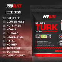 Turkesterone 14000mg | 180 Capsules Vegan Ajuga Turkestanica 50:1 Extract Supplement - Turkesterone High Strength Muscle Growth & Strength - NO Fillers or Binders by PROELITE