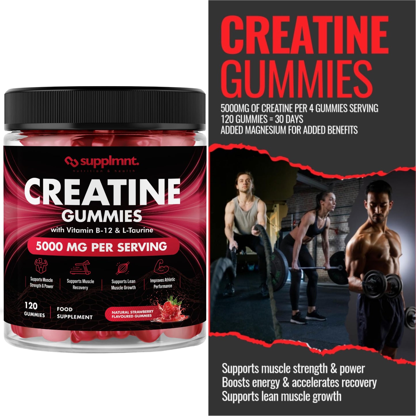 Creatine 120 Gummies Max 5000mg for Men & Women Creatine Monohydrate Plus B12 and L-Taurine Chewable Gummies, Strawberry Flavour 1 Month Supply (1 Count (Pack of 120), Strawberry)